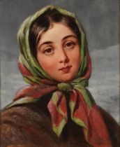 Portrait of a young female peasant, 19th century Italian school oil on board, Mill'd Board George