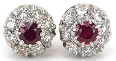 Pair of 18ct white gold ruby and diamond cluster stud earrings, each ruby approximately 3.20mm in