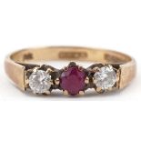 9ct gold pink topaz and cubic zirconia three stone ring, size K, 1.4g