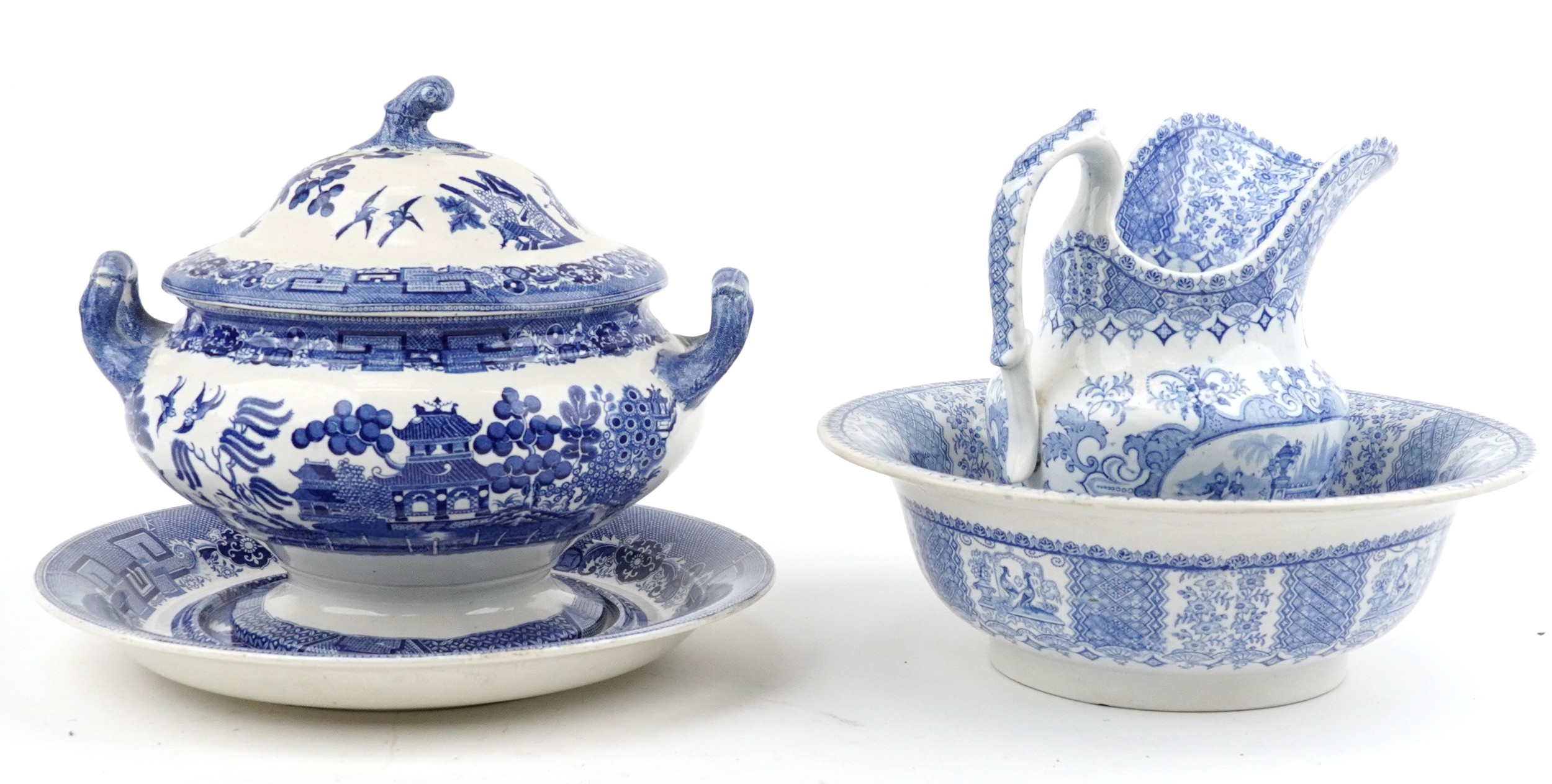 Victorian blue and white wash jug and basin, transfer printed in the Tyrolienne pattern and a - Image 2 of 10