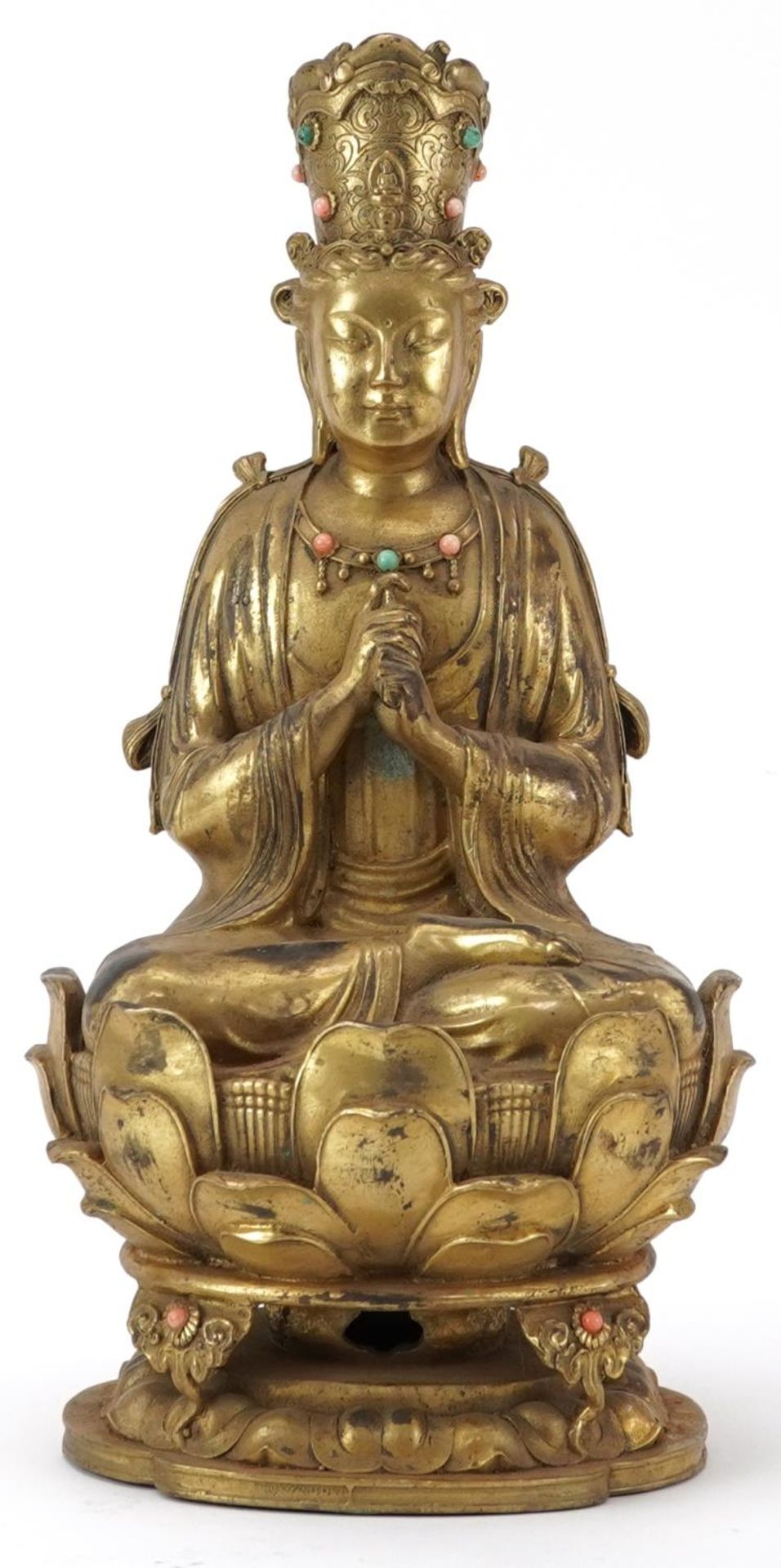 Chino Tibetan gilt bronze figure of jewelled Buddha, 29cm high