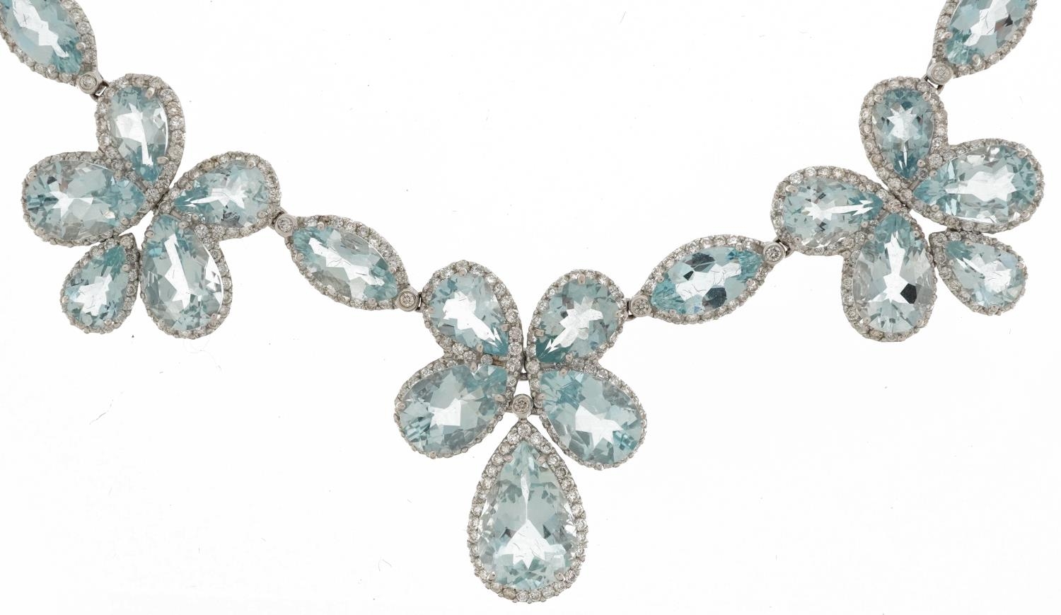 Good 18ct white gold teardrop aquamarine and diamond floral necklace, the largest aquamarine - Image 2 of 9