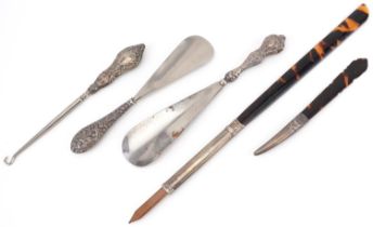 Victorian and later silver mounted objects including an S Mordan & Co tortoiseshell letter opener