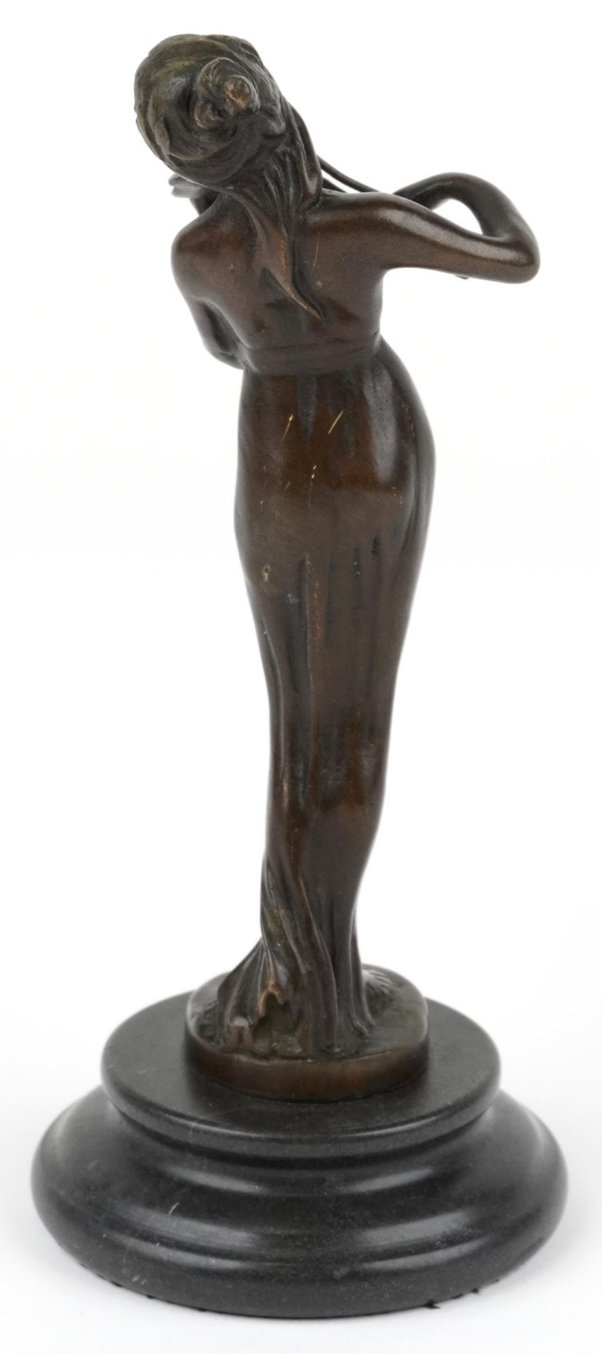 Patinated bronze figurine of an Art Nouveau violinist raised on a circular marble base, 18.5cm high - Bild 2 aus 3