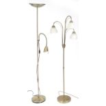 Two brass standard lamps including a three branch example with frosted glass shades, 179.5cm high