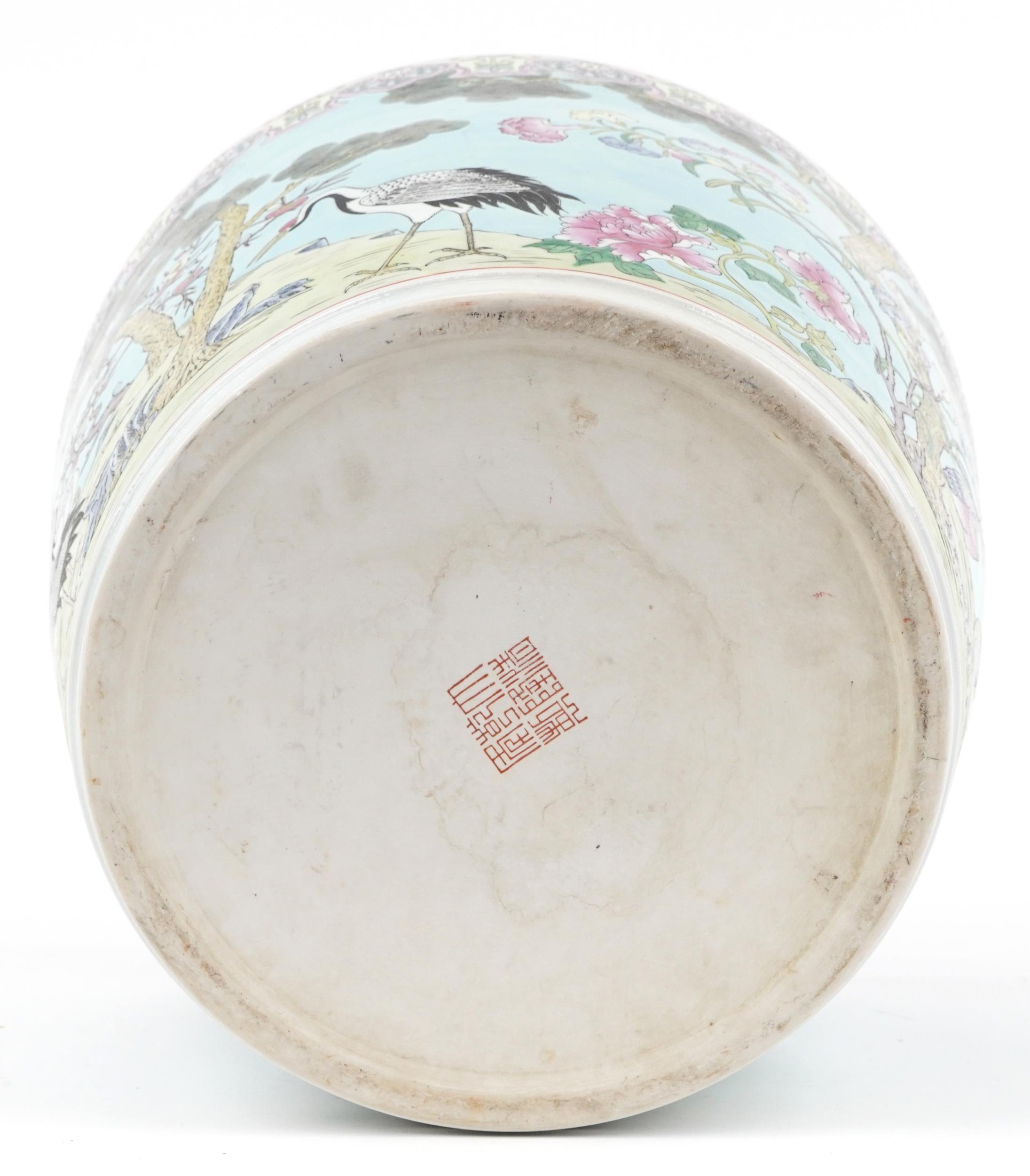 Large Chinese turquoise ground porcelain jardiniere hand painted in the famille rose palette with - Image 6 of 7