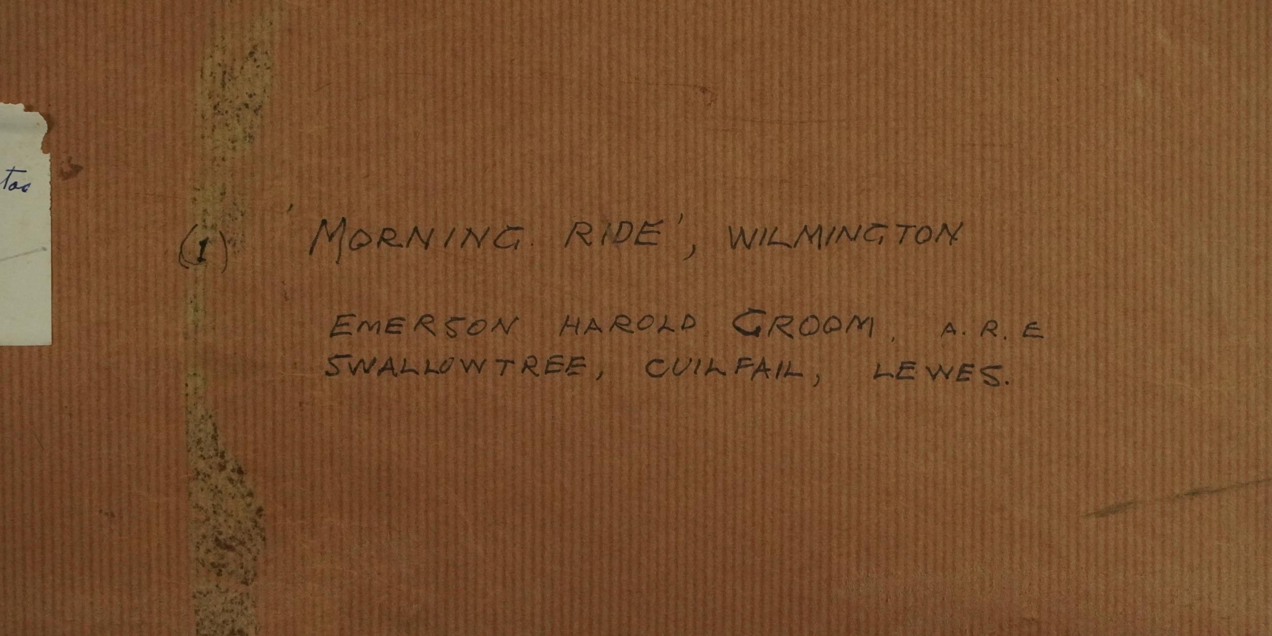 Emerson Harold Groom - Morning Ride Wilmington, watercolour, label verso, mounted, framed and - Image 5 of 6