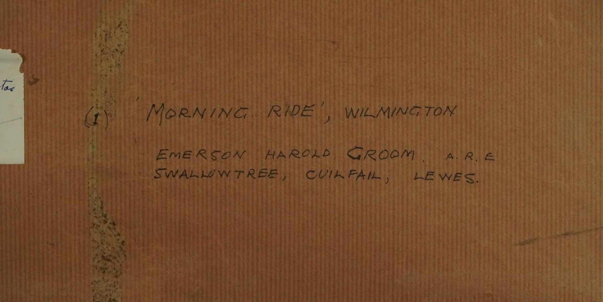 Emerson Harold Groom - Morning Ride Wilmington, watercolour, label verso, mounted, framed and - Bild 5 aus 6
