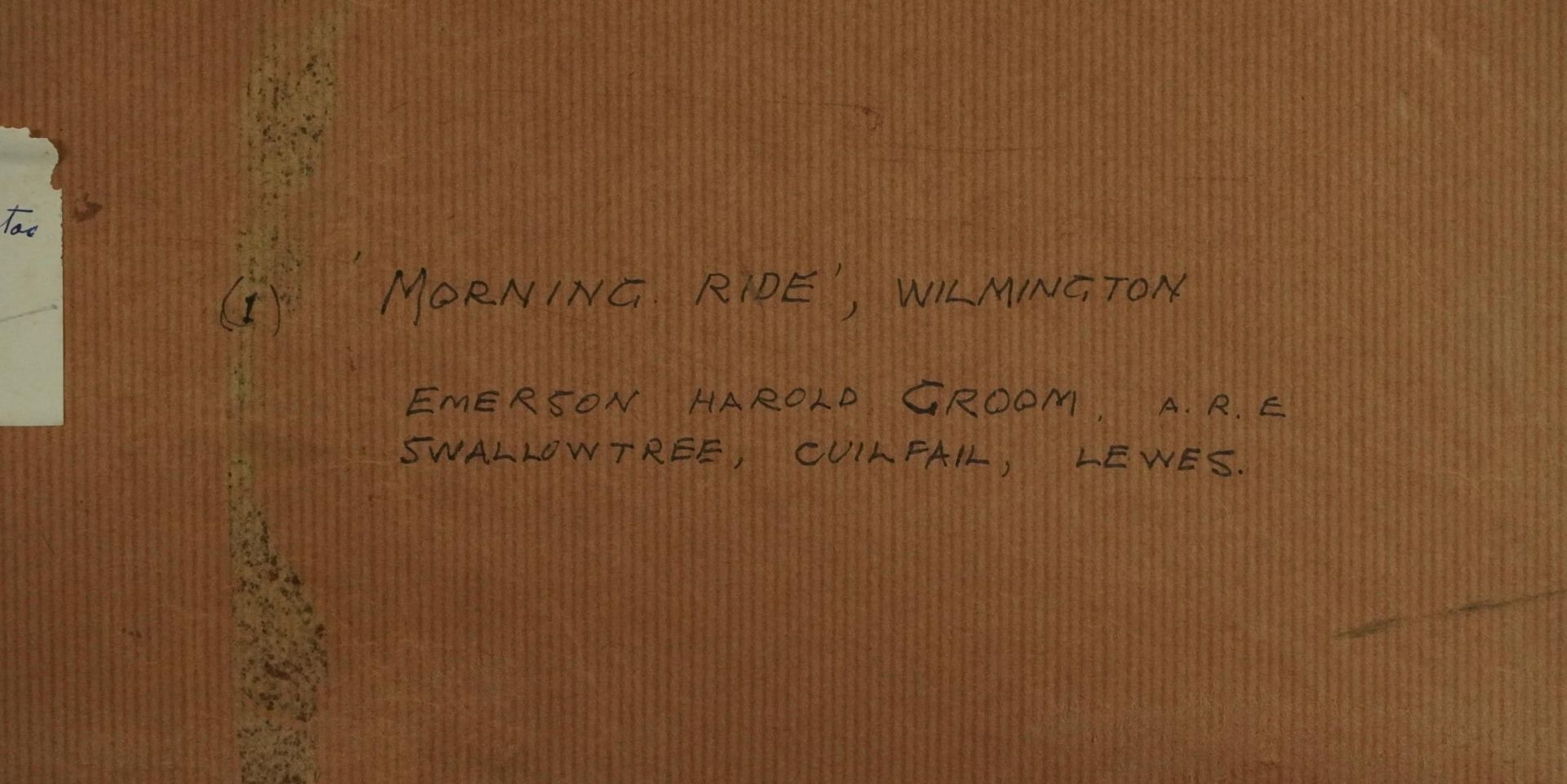 Emerson Harold Groom - Morning Ride Wilmington, watercolour, label verso, mounted, framed and - Image 5 of 6