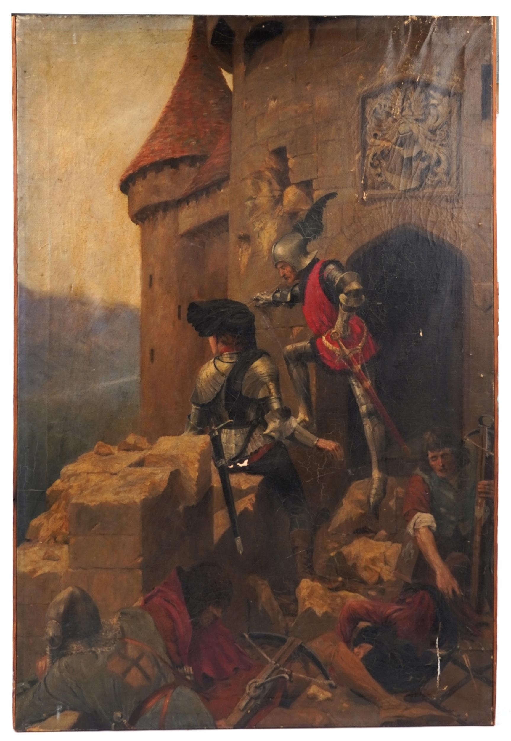 A C Woodville - Medieval knights with swords and crossbows, antique oil on canvas, unframed, 106cm x - Image 2 of 4