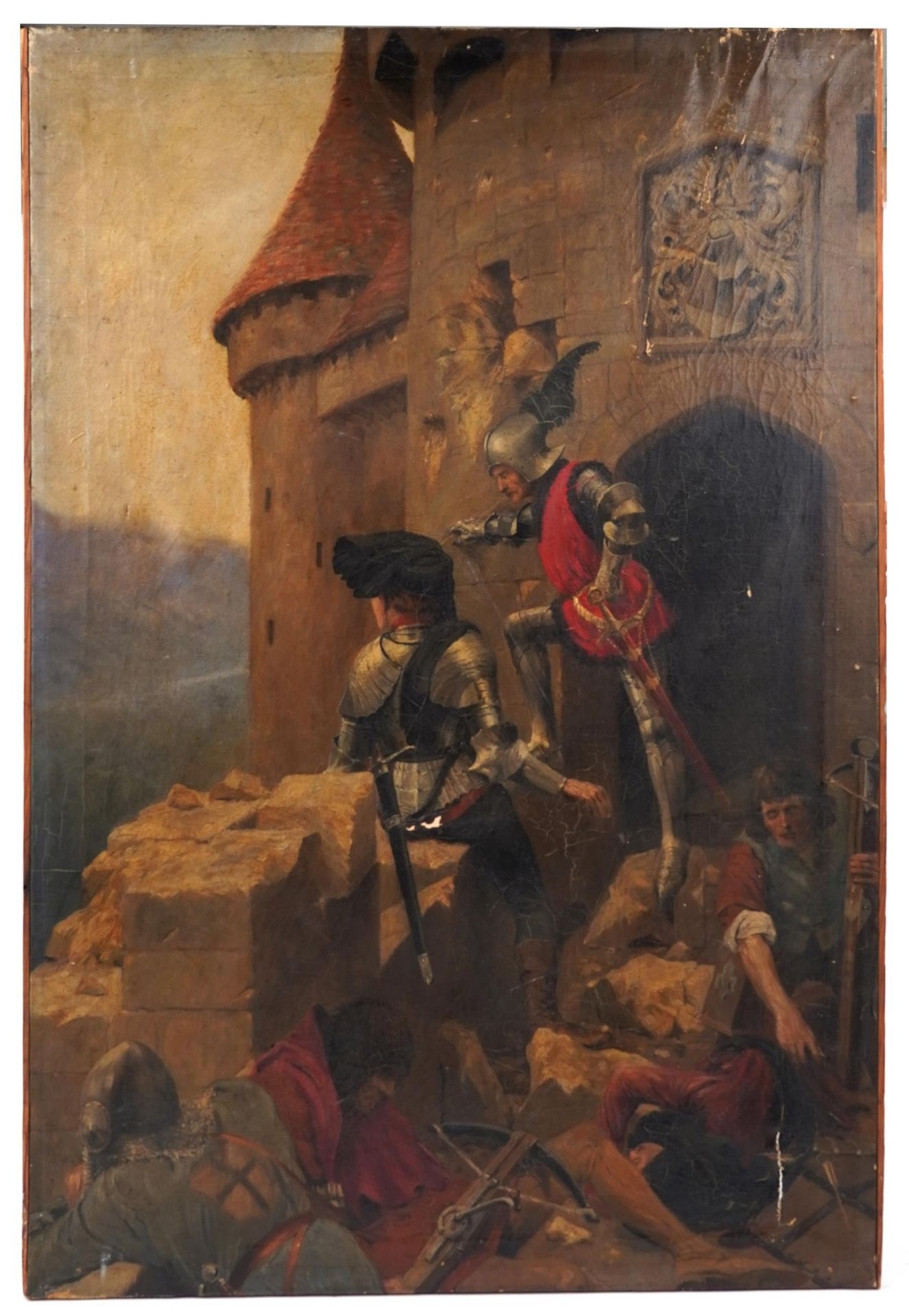 A C Woodville - Medieval knights with swords and crossbows, antique oil on canvas, unframed, 106cm x - Bild 2 aus 4