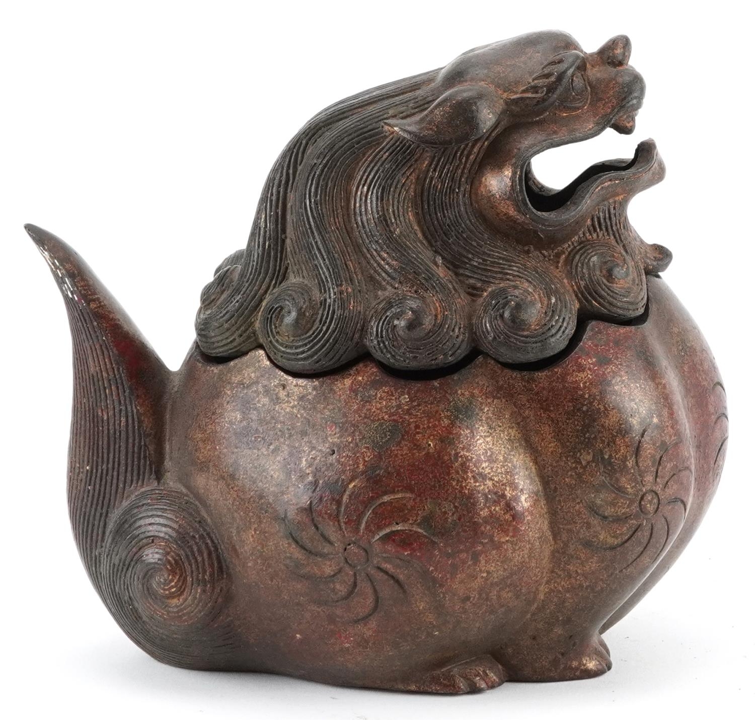 Chino Tibetan partially gilt and red lacquered incense burner in the form of a mythical animal, - Image 4 of 8