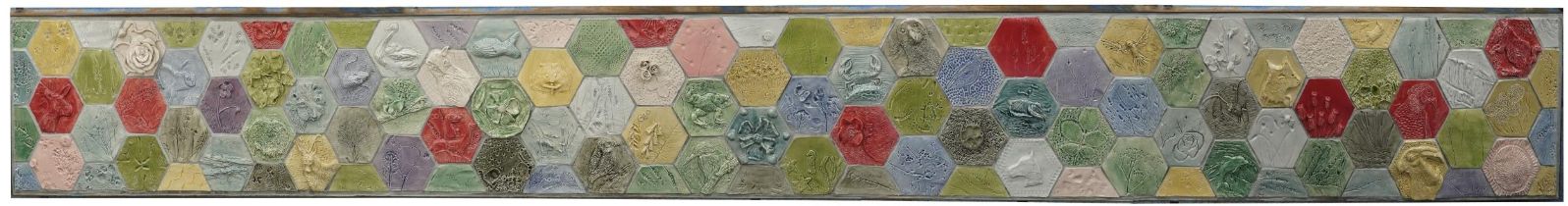 Unusually large mid century style ceramic tile wall panel decorated in relief with flowers and