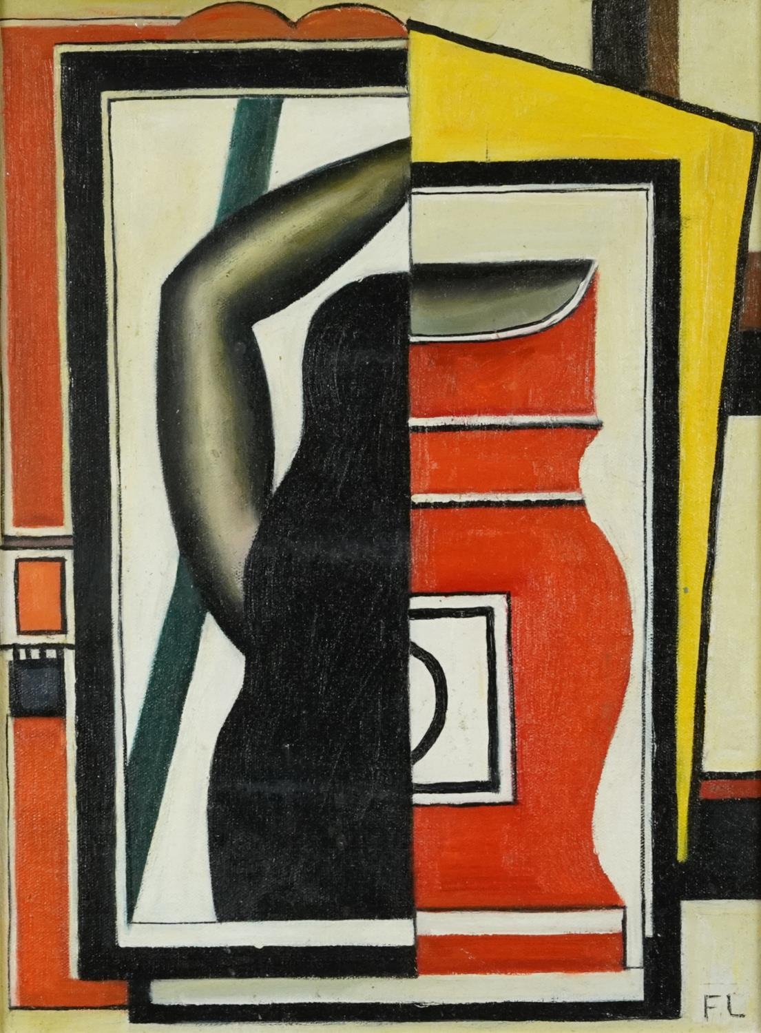Manner of Fernand Leger - Abstract composition, French school oil on board, framed, 39cm x 29cm