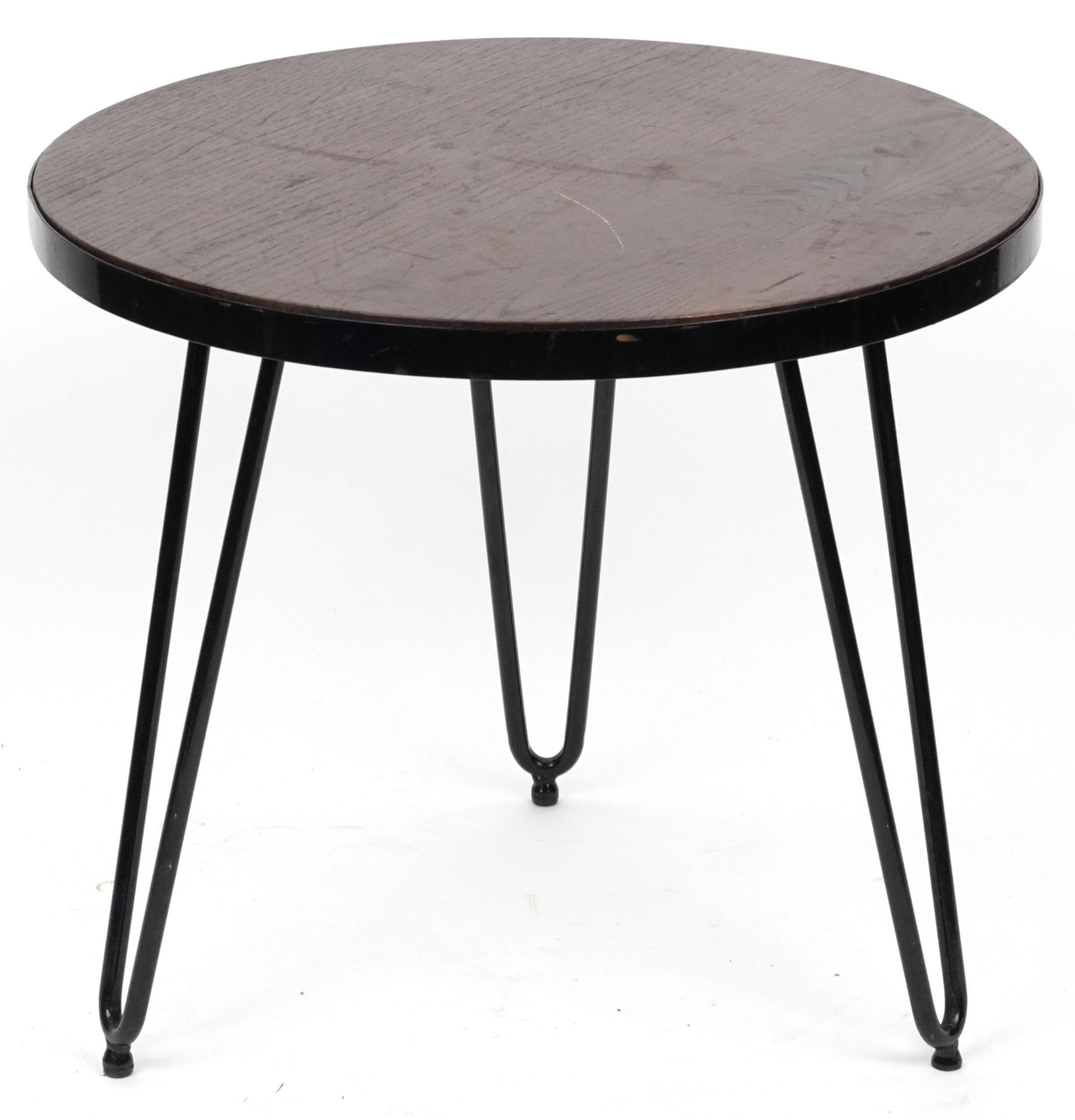 Industrial circular hardwood and wrought iron occasional table with hairpin legs, 53.5cm high x 61cm - Image 3 of 3