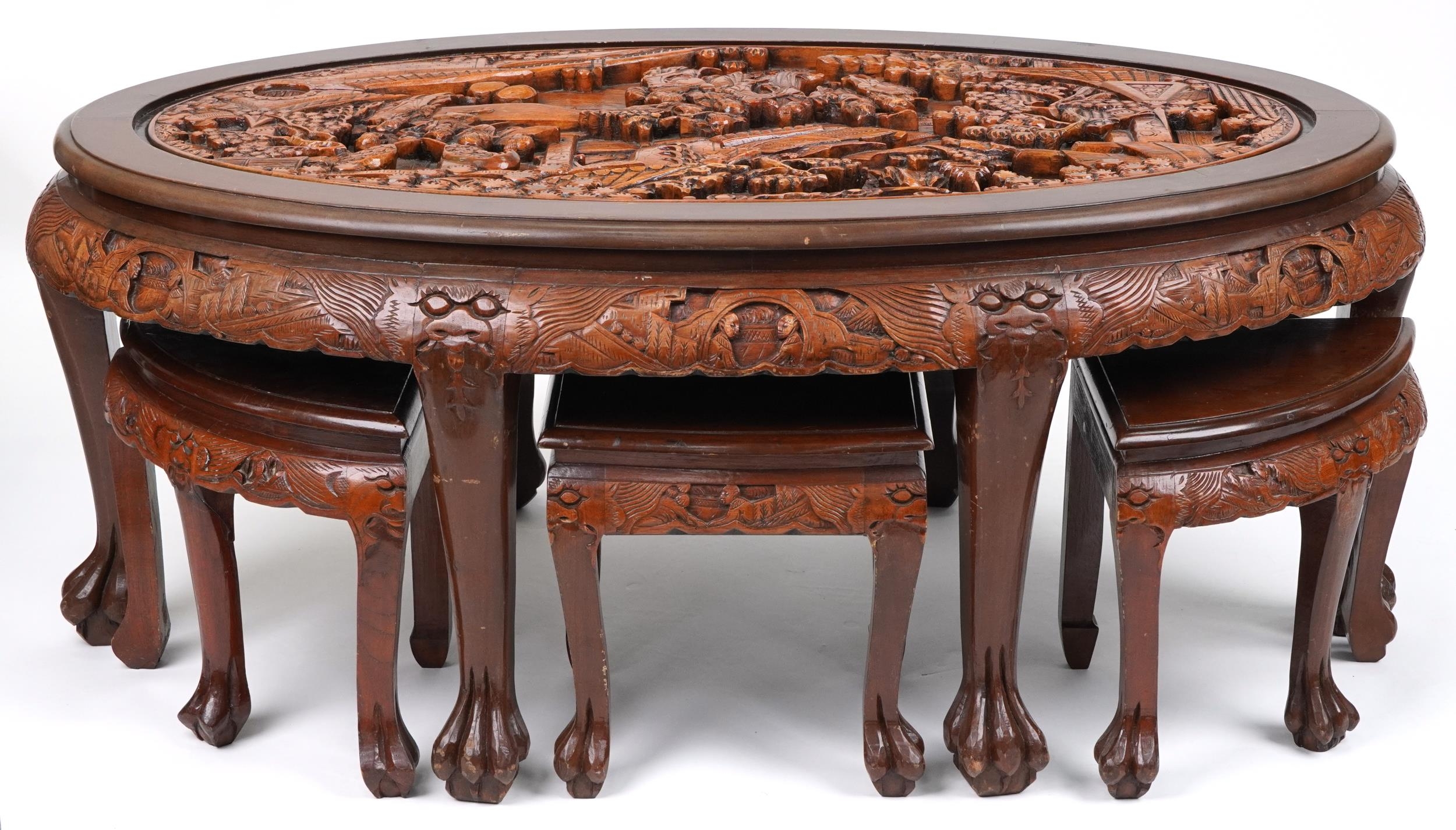 Nest of seven Chinese camphor wood occasional tables comprising an oval coffee table housing six - Image 6 of 9