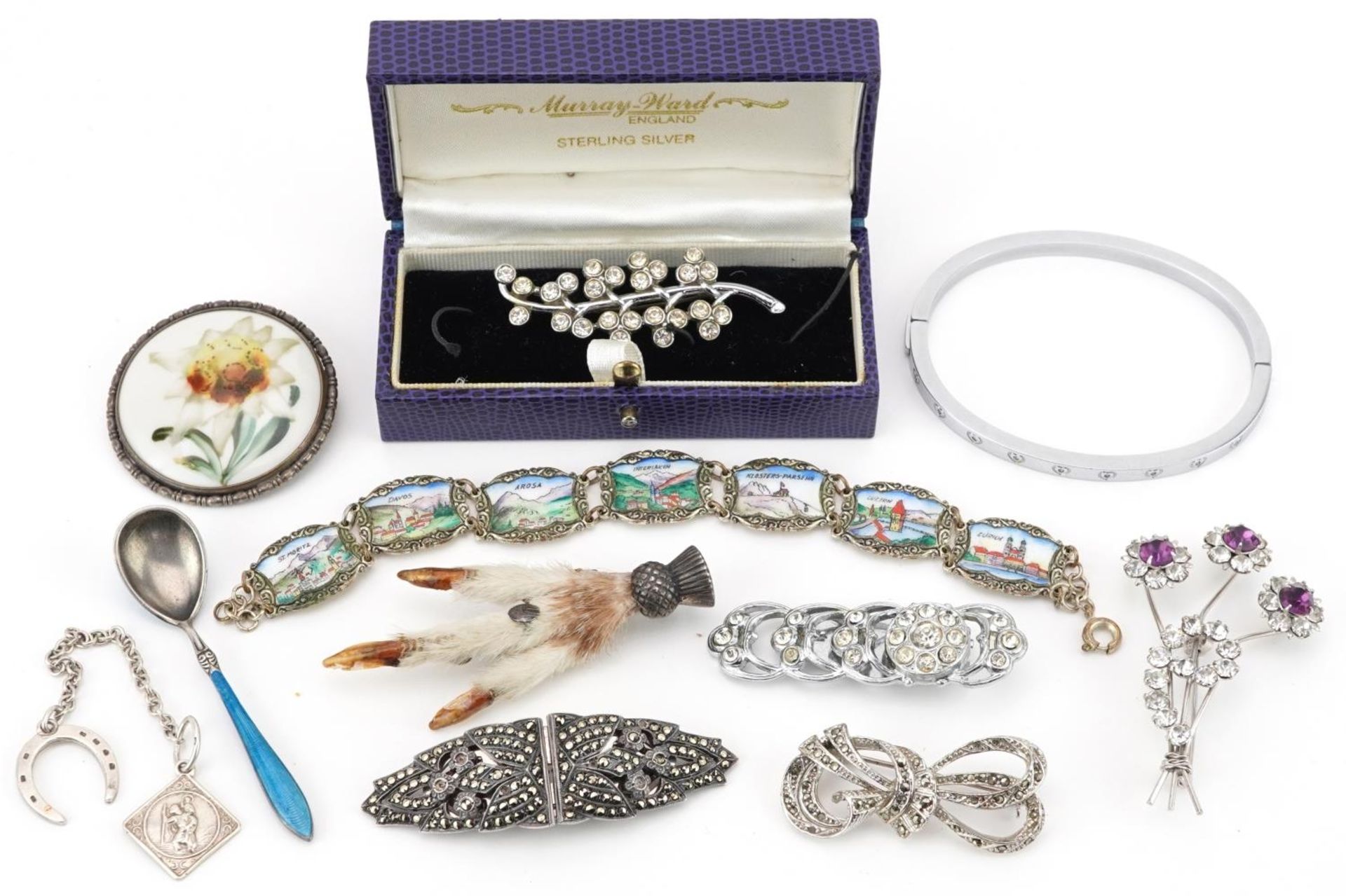 Antique and later jewellery and a silver and guilloche enamel mustard spoon, including a silver