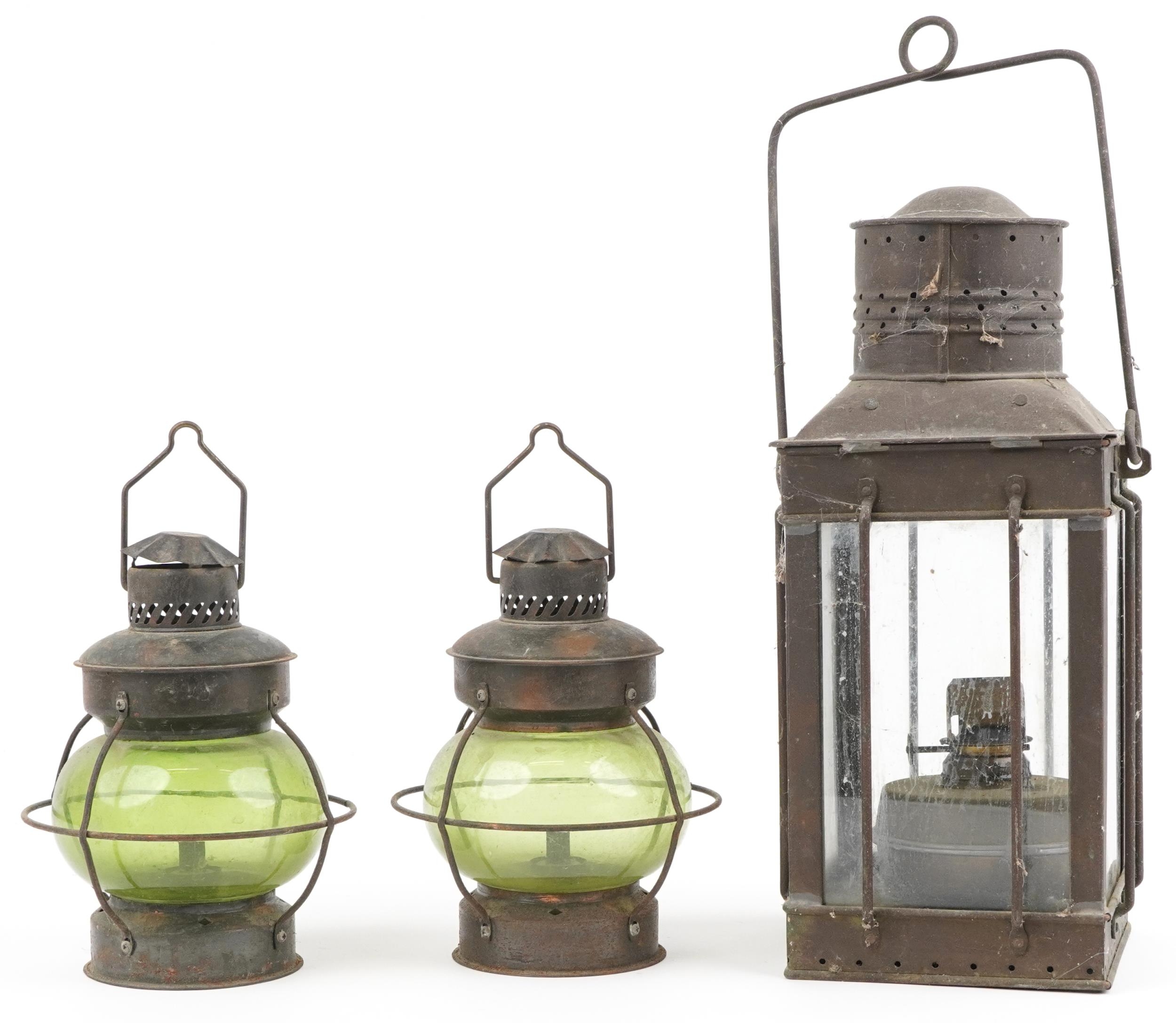 Three shipping interest hanging lanterns including a pair with green glass, the largest 47cm high - Image 2 of 3
