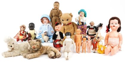 Vintage and later toys including a Merrythought soldier, straw filled tiger, golden teddy bear