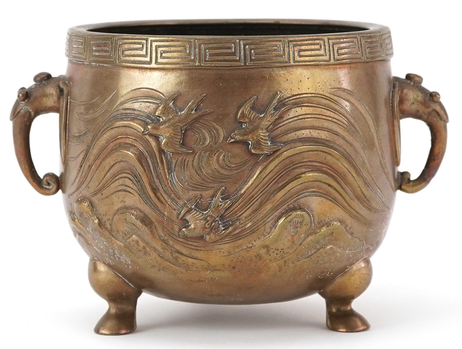 Japanese patinated bronze three footed censer with twin handles decorated in relief with serpents - Image 3 of 7
