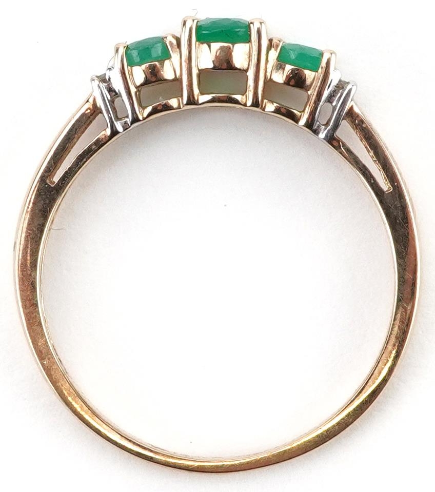 9ct gold emerald and diamond ring set with three emeralds and four diamonds, size N, 1.6g - Image 3 of 5