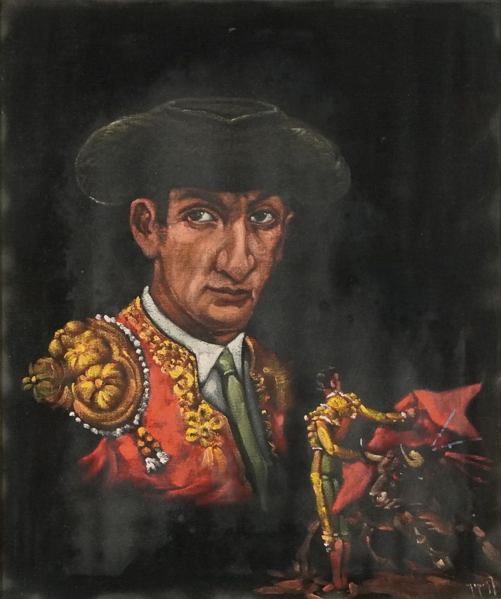 Matador, Spanish school oil on fabric, Aries label verso, mounted, framed and glazed, 47.5cm x 39.