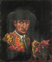 Matador, Spanish school oil on fabric, Aries label verso, mounted, framed and glazed, 47.5cm x 39.