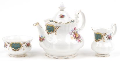 Royal Albert Berkeley teapot, milk jug and sugar bowl, the teapot 25cm in length