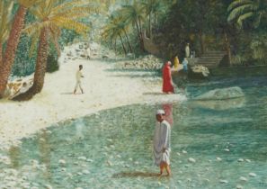 James Lynch - Freshwater in Oman, gouache, details verso, mounted, framed and glazed, 40cm x 29cm