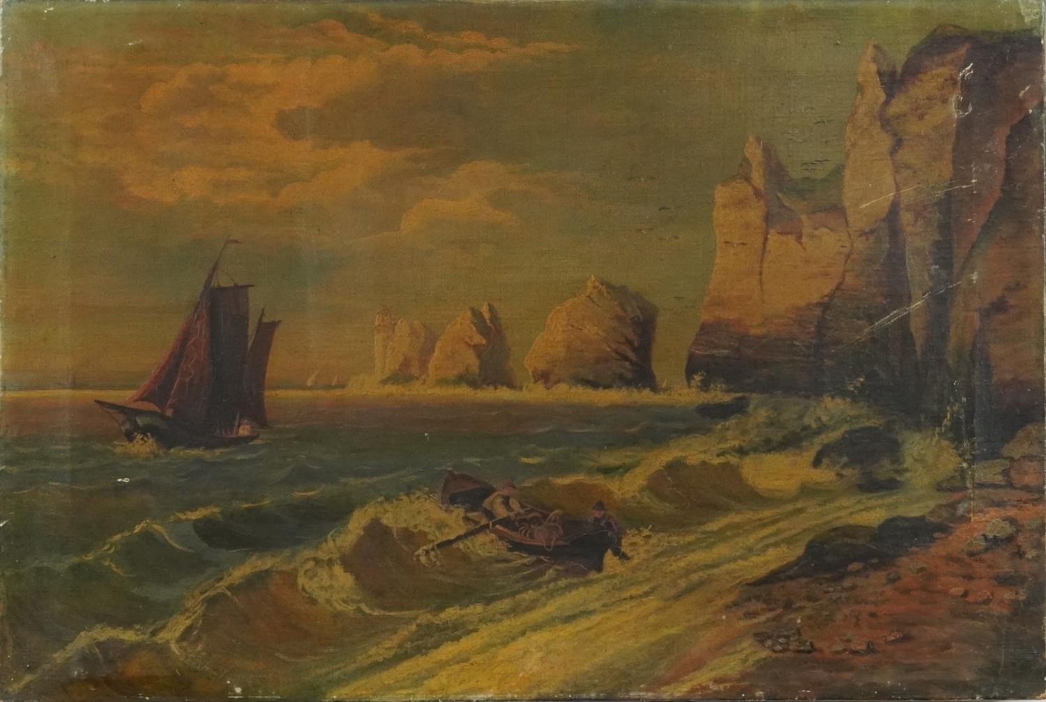 The Needles, Isle of Wight with fishermen, 19th century English school oil on canvas, unframed, 61cm