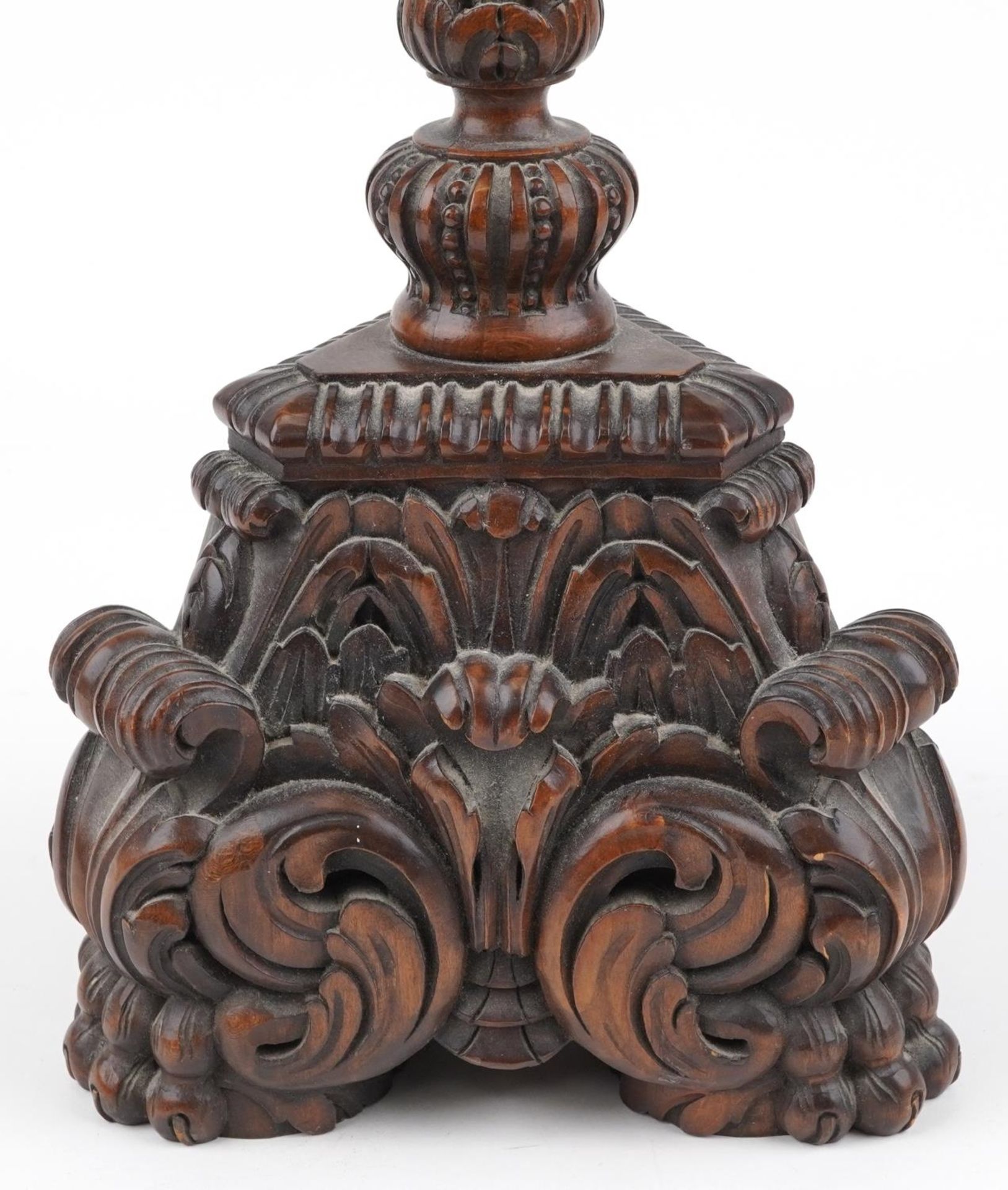 Large antique oak candle holder profusely carved with foliage, overall 76cm high - Image 3 of 5