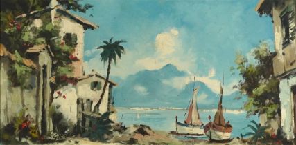 Gierrs - Continental coastal scene with moored boats and villas, continental school oil on canvas,