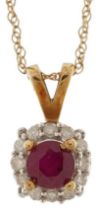 9ct gold ruby and diamond pendant on a 9ct gold necklace, the ruby approximately 3.90mm in