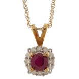 9ct gold ruby and diamond pendant on a 9ct gold necklace, the ruby approximately 3.90mm in