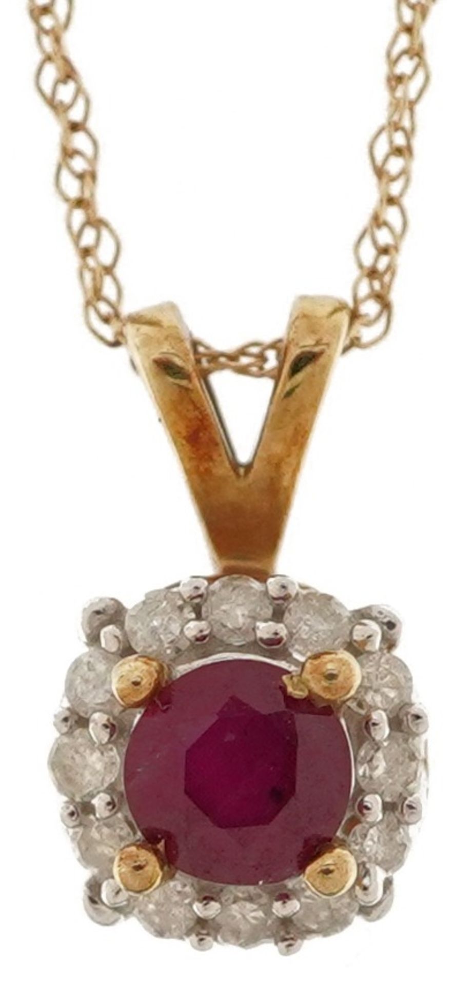 9ct gold ruby and diamond pendant on a 9ct gold necklace, the ruby approximately 3.90mm in