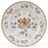 19th century Sansom porcelain armorial plate hand painted with a coat of arms and flowers, 23cm in