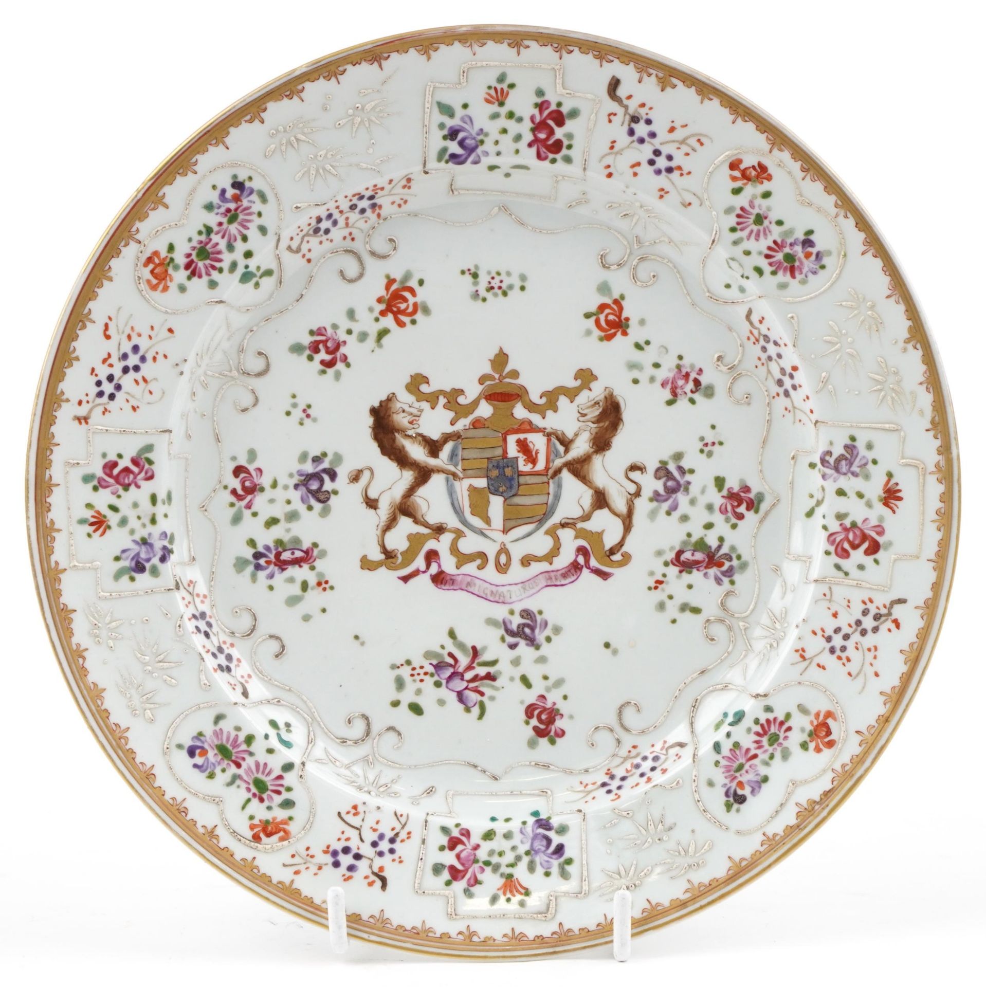 19th century Sansom porcelain armorial plate hand painted with a coat of arms and flowers, 23cm in