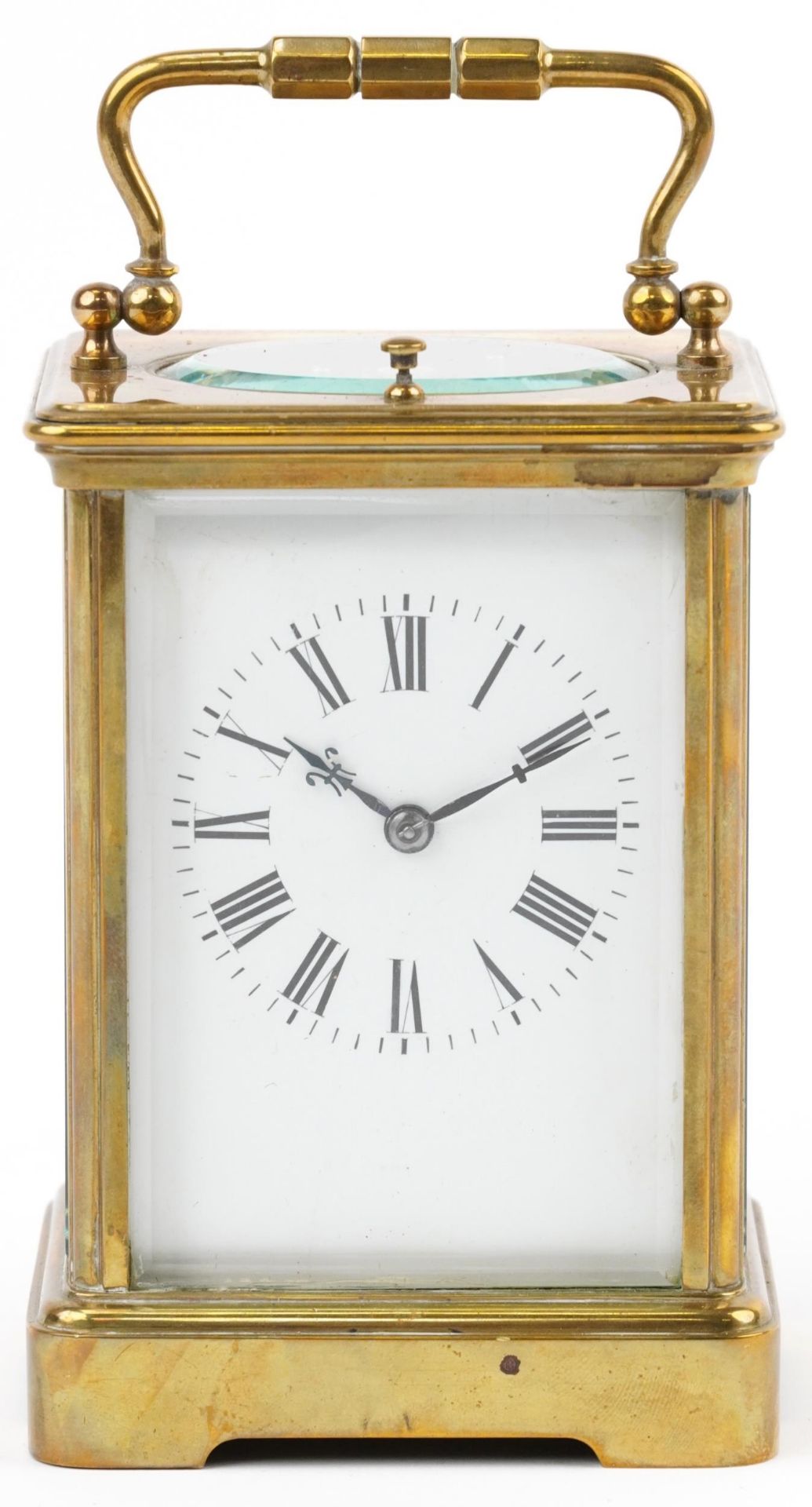 Large French brass cased repeating carriage clock striking on a gong with enamelled dial having - Image 2 of 6