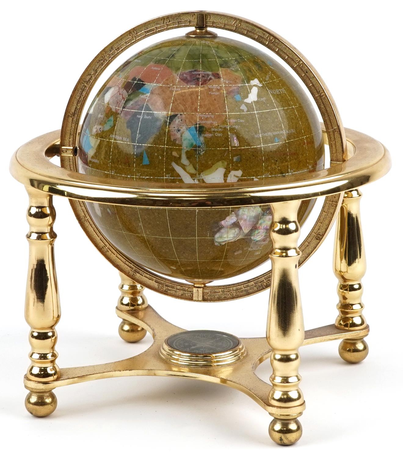 Contemporary polished stone table globe with brass stand and compass under tier, 23.5cm high