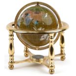 Contemporary polished stone table globe with brass stand and compass under tier, 23.5cm high