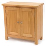 Contemporary light oak two door side cupboard, 75.5cm H x 75cm W x 33.5cm D