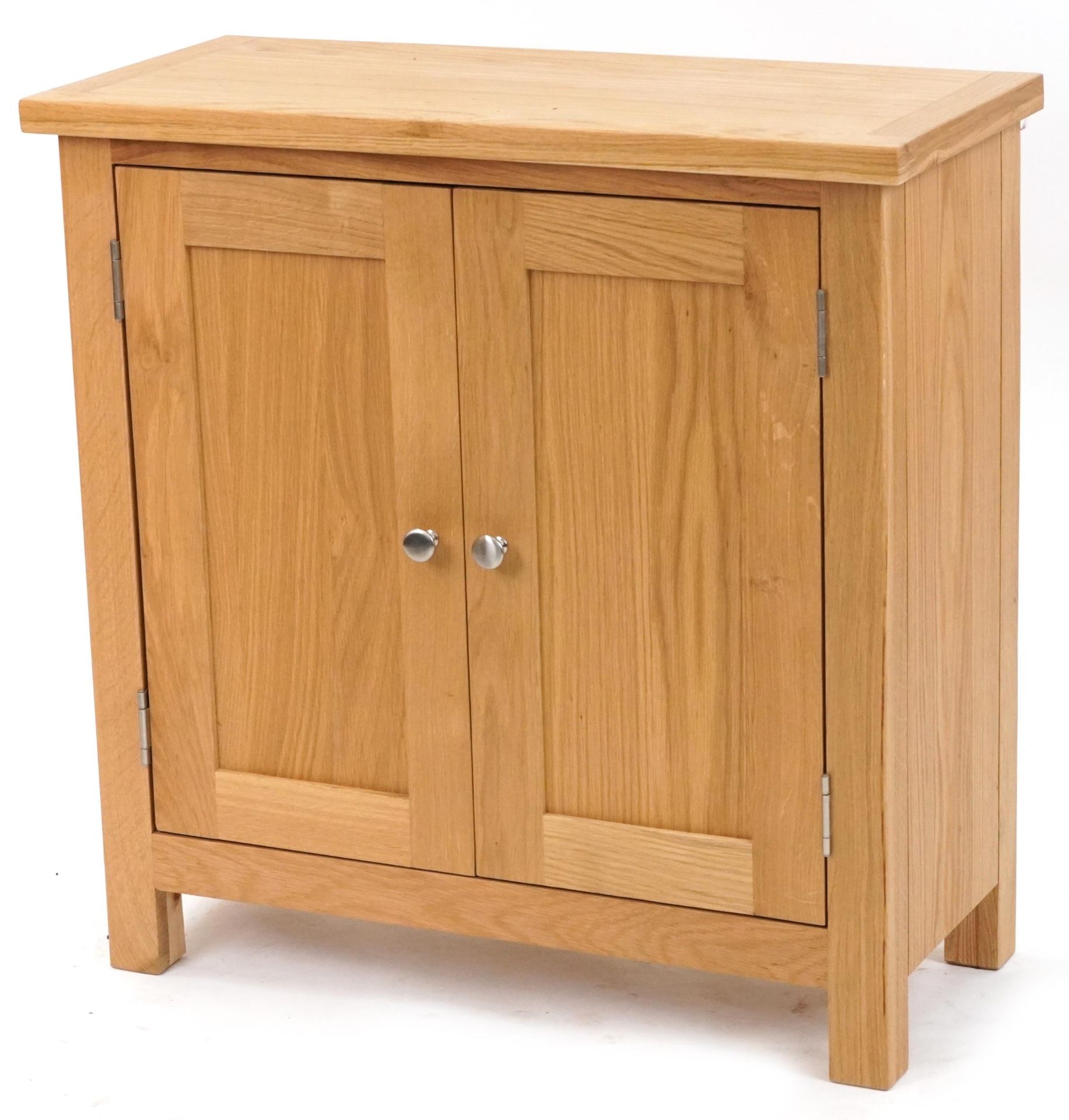 Contemporary light oak two door side cupboard, 75.5cm H x 75cm W x 33.5cm D