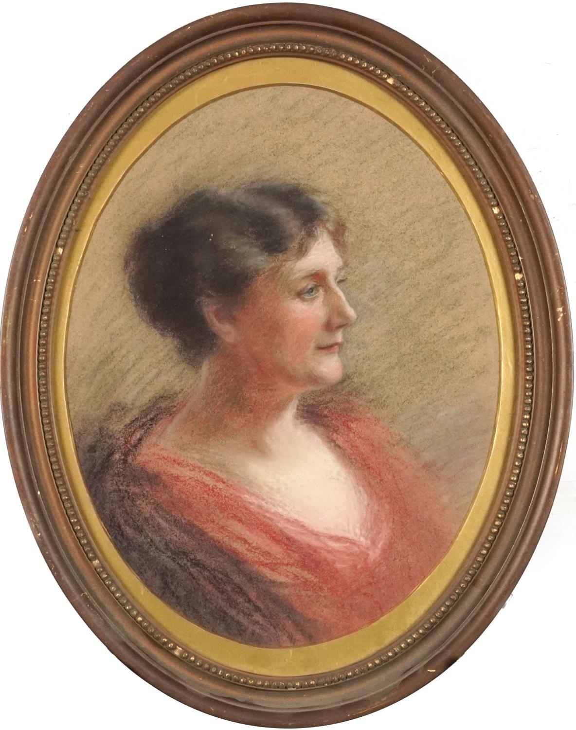 Top half portraits of a mother and daughter, pair of early 20th century oval pastels, one signed - Image 7 of 8