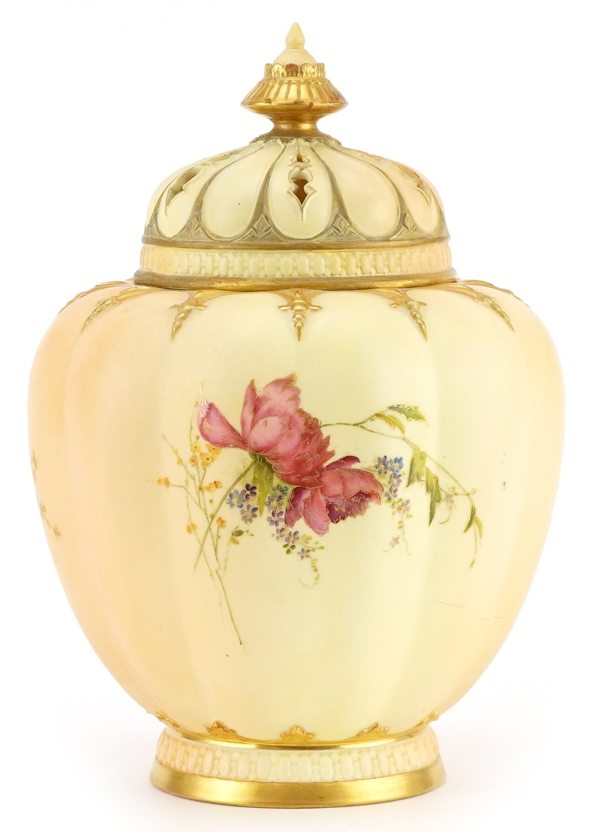 Royal Worcester, Victorian blush ivory pot pourri vase and cover decorated with flowers numbered - Image 2 of 3
