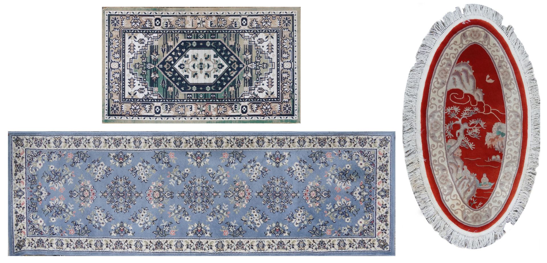 Three rectangular rugs including a floral Chinese red ground example, the largest 250cm x 80cm