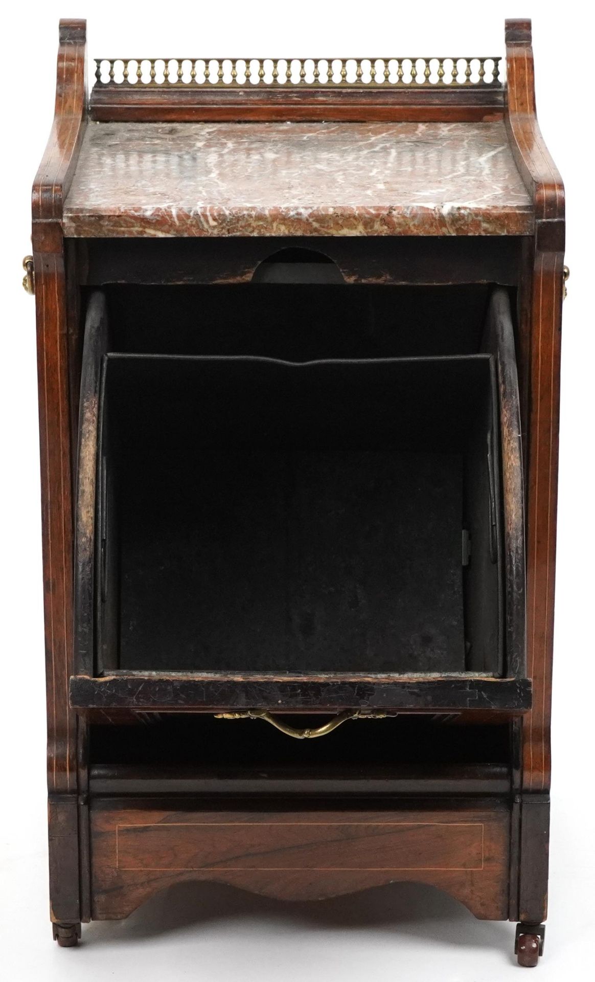 Victorian inlaid rosewood coal scuttle with marble top and brass mounts, 64cm H x 36cm W x 33.5cm D - Bild 3 aus 5
