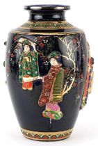 Japanese Satsuma pottery vase hand painted and decorated in relief with young females, character