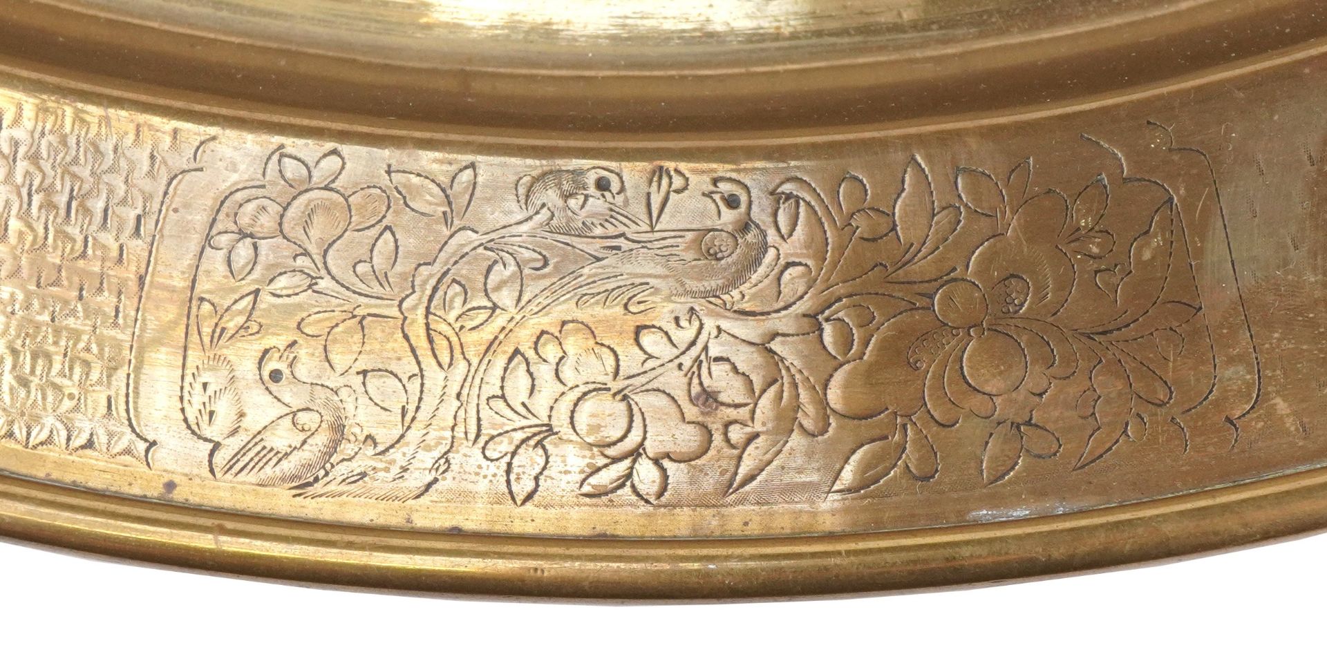 Chinese bronze charger finely engraved with panels of flowers, wild animals and calligraphy, 57cm in - Bild 4 aus 4