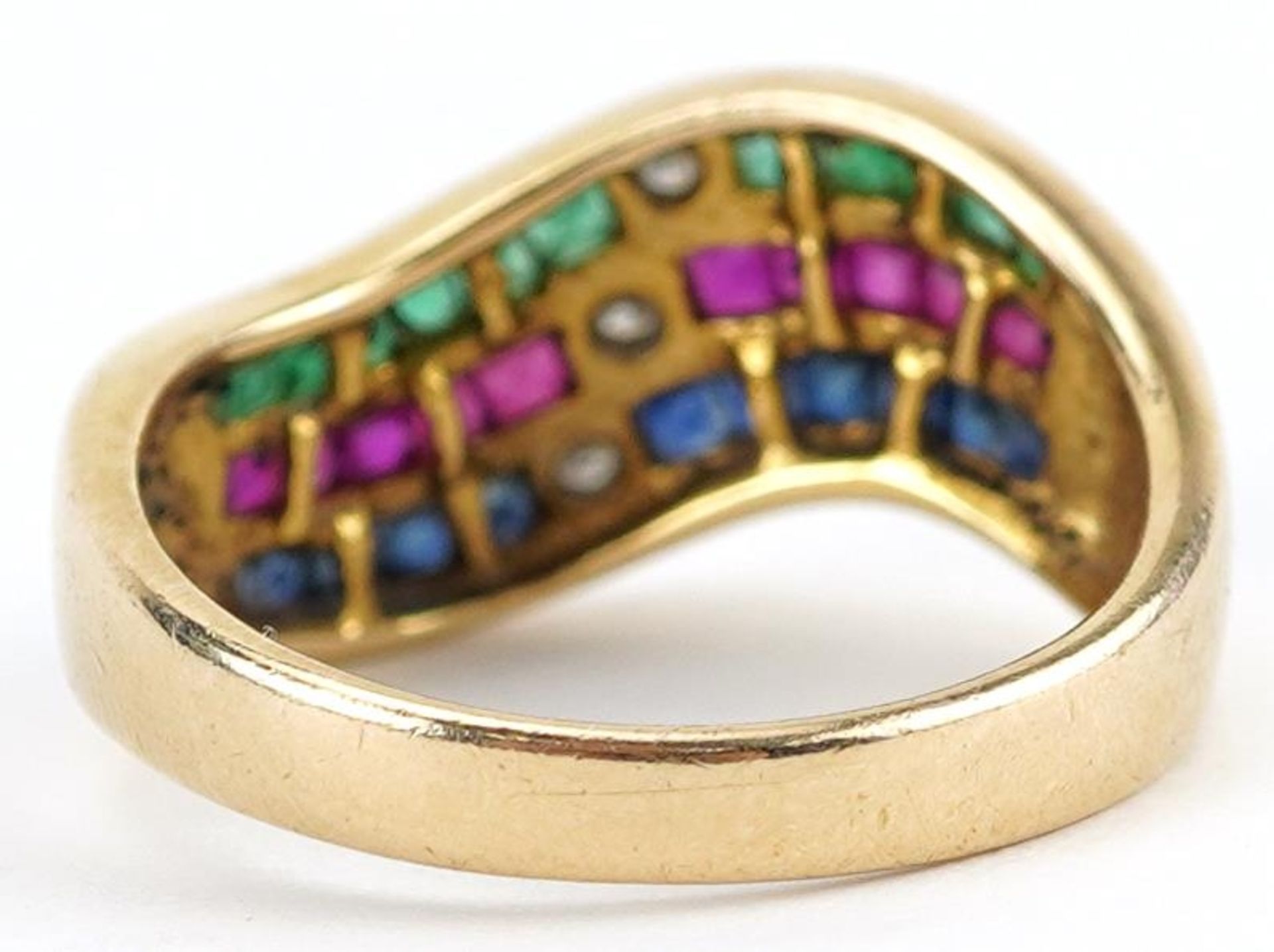 14ct gold multi gem three row half eternity ring set with diamonds, sapphires, rubies and - Image 2 of 4