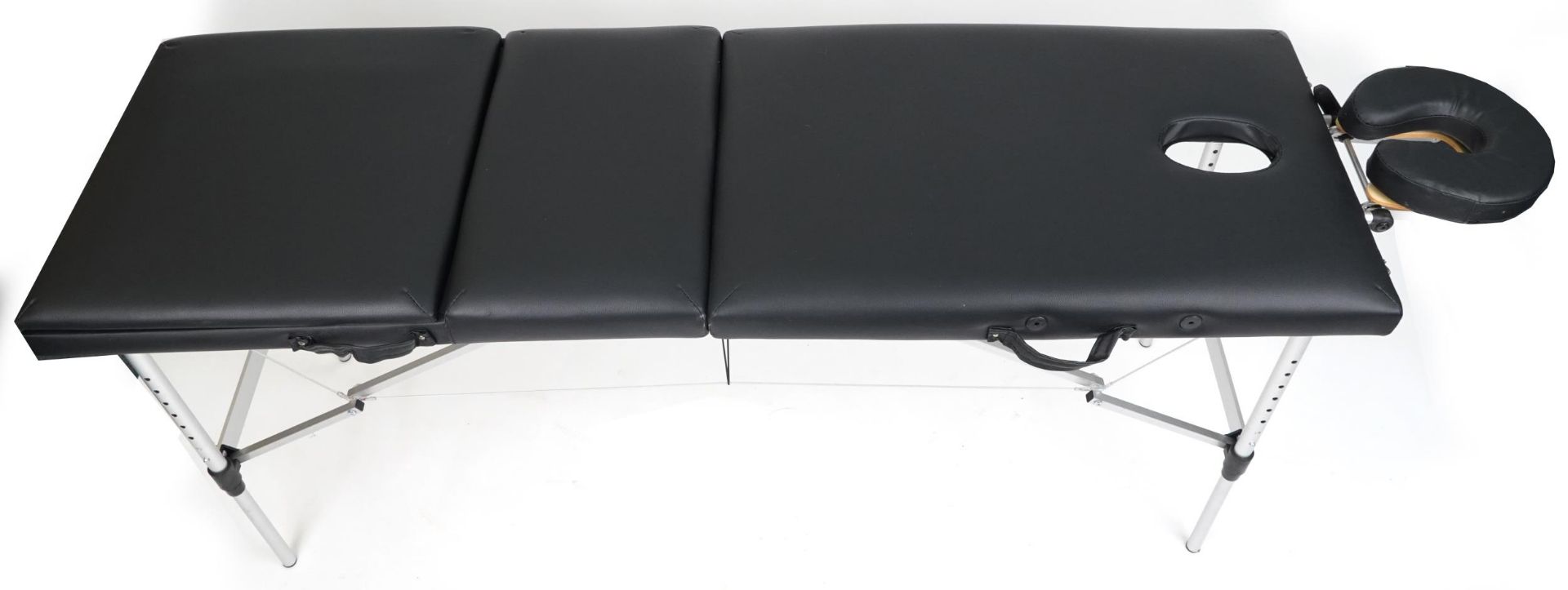 Folding aluminium and black leatherette massage table with protective bag, 83cm H x 184cm W x 59cm D - Bild 3 aus 6